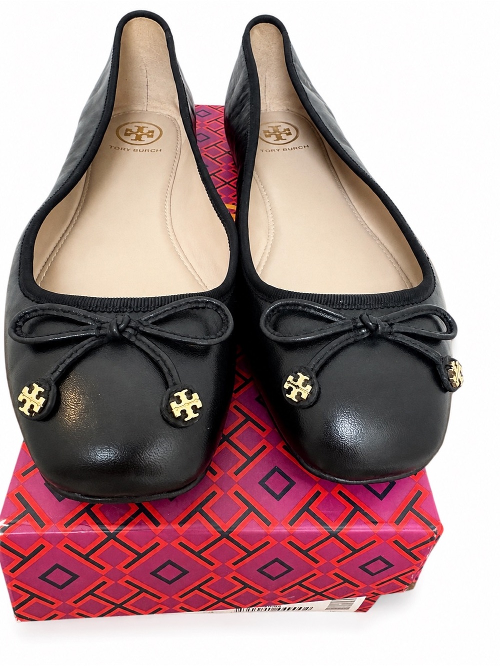 Tory Burch Laila Driver Ballet Flats Black Leather Gold Logo Size 8 New Box